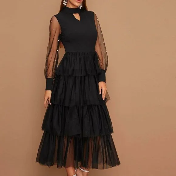 Chic Beaded Sheer Sleeve Layered Mesh Hem Peekaboo Dress black - Picture 5 of 5